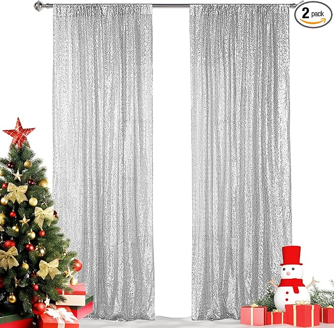 Hahuho Silver Sequin Backdrop Curtain, 2PCS 2FTx8FT Glitter Backdrop Curtain for Parties, Christmas, Wedding, Party Decoration（2 Panels, 2FT x 8FT, Silver