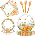 96 Pieces Thanksgiving Fall Plates and Napkins Tableware Set, Colorful Pumpkin Maple Disposable Dinnerware with Paper Plates, Napkin, and Fork for Thanksgiving Autumn Harvest Party Supplies- Serves 24