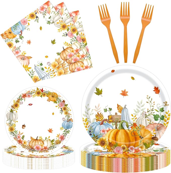 96 Pieces Thanksgiving Fall Plates and Napkins Tableware Set, Colorful Pumpkin Maple Disposable Dinnerware with Paper Plates, Napkin, and Fork for Thanksgiving Autumn Harvest Party Supplies- Serves 24