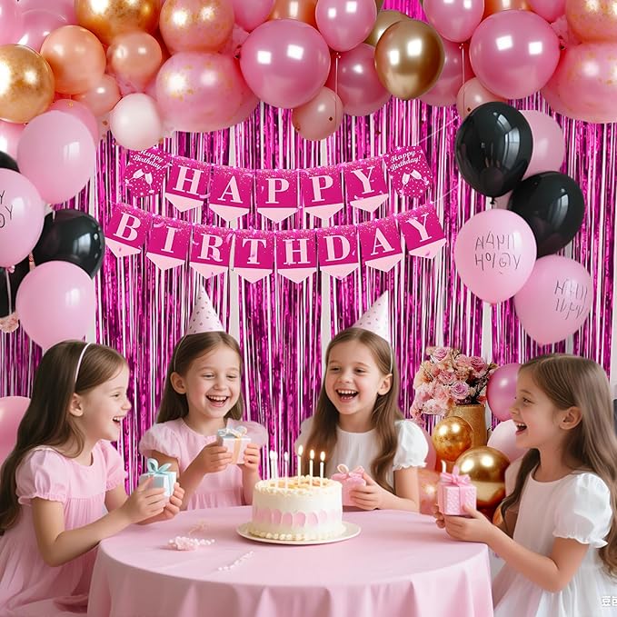 2 Pack Hot Pink Backdrop Party Decorations Tinsel Foil Fringe Curtain Backdrop Streamer Photo Booth for Wonmen Girl Pink Theme Princess Bachelorette Graduation Birthday Party Decorations