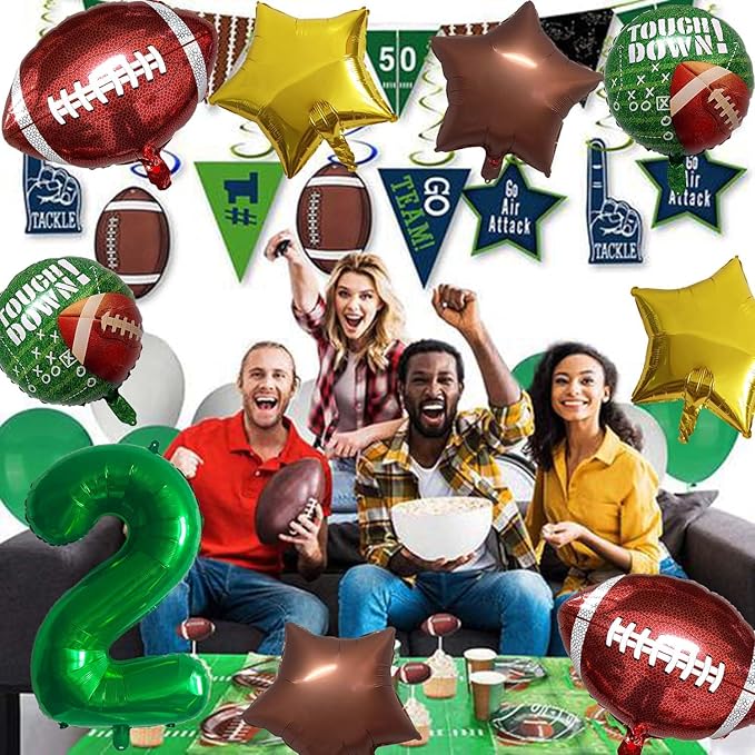 Football Balloons Foil Football Birthday Decorations Balloons Green Number 2 Balloon Gold Brown Star Touchdown Ballons for Rugby Birthday Decorations Sports Ballons Arch Kits Party Balloon Sets 9pcs