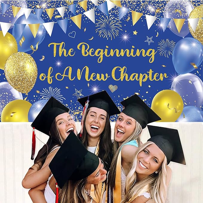 Blue Gold The Beginning of A New Chapter Backdrop Banner Photography Background Hanging for Graduation Party Decorations Class of 2025 Happy Retirement Going Away Party Supplies 72.8 * 43.3in