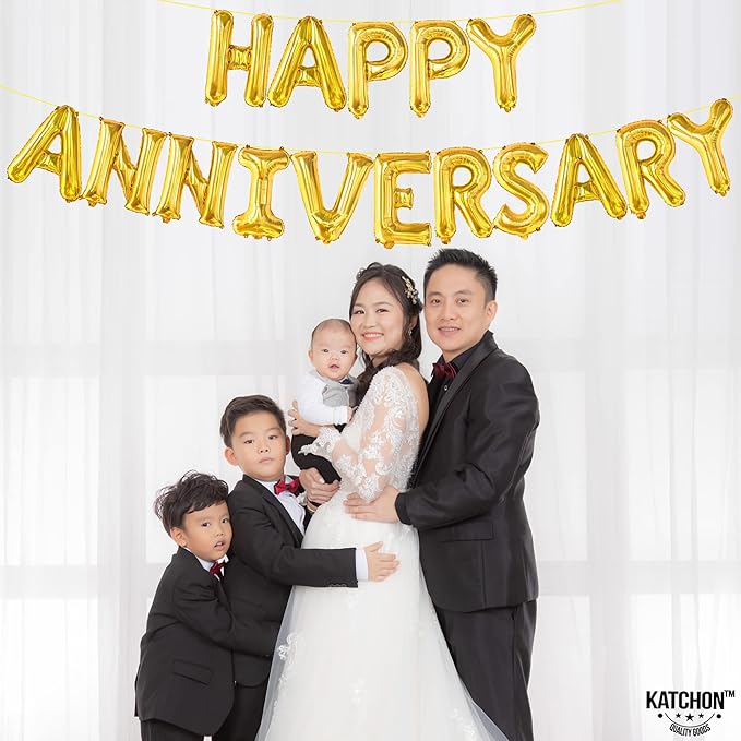 KatchOn, Letters Gold Happy Anniversary Balloons - Big, 16 Inch | Banner, Backdrop & Balloon Banner for Gold Happy Anniversary Decorations | Wedding anniversary Party Decorations | Anniversary Decor