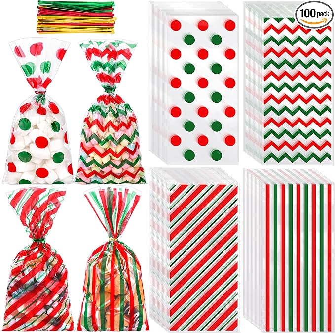 Aodaer 100 Pcs Christmas Cellophane Bags, 10.6 x 5.1 Inch Classic Red Green Plastic Candy Bags, Polka Dot Stripes Printed Pattern Goodie Gift Bag with Twist Ties for Christmas Birthday Party Supplies