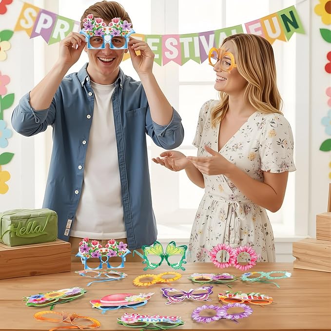 Pajean 32 Pack Spring Party Decorations Eyeglasses Springtime Themed Paper Glasses Supplies Flowers Butterflies Photo Booth Props Frame for Springtime Easter Tea Party Decoration Supplies