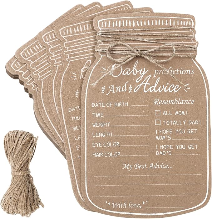 Lincia 50 Pcs Baby Shower Prediction and Advice Card Brown Mason Jar Prediction Wishes Card for New Parents to Be Baby Shower Game for Girl or Boy Gender Reveal Neutral Decor Activity Mom Dad Keepsake
