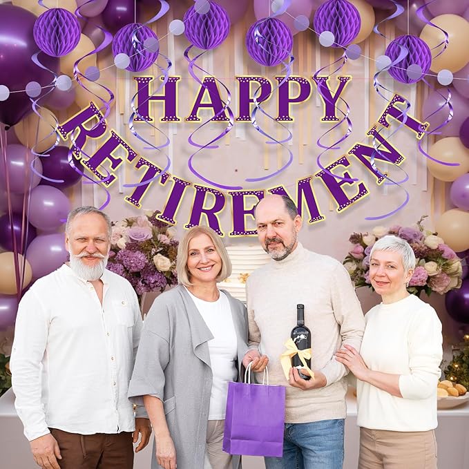Retirement Party Decorations Kit for Women - 16-Piece Elegant Purple Set with Pre-Strung Banner, Honeycomb Balls, Swirls & Garland | Instant Setup Party Decor | Retirement Gifts & Supplies