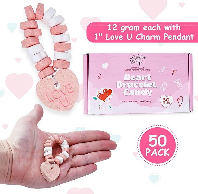 Gift Boutique Valentines Heart Bracelet Candy 50 Pack Individually Wrapped Love U Charm Hearts Shaped Bracelets White Pink Red Beads Party Bags Treats