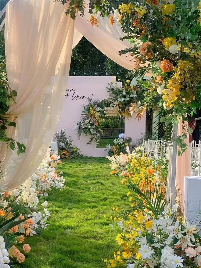 EHLDekol Sheer Chiffon Backdrop Curtains 10ft x 10ft (5ft x 2Panels)， Chiffon Fabric Drapes for Wedding, Long Sheer Curtain for Living Room, Arch Party Stage Decoration (Ivory, 120 x 120 Inch)