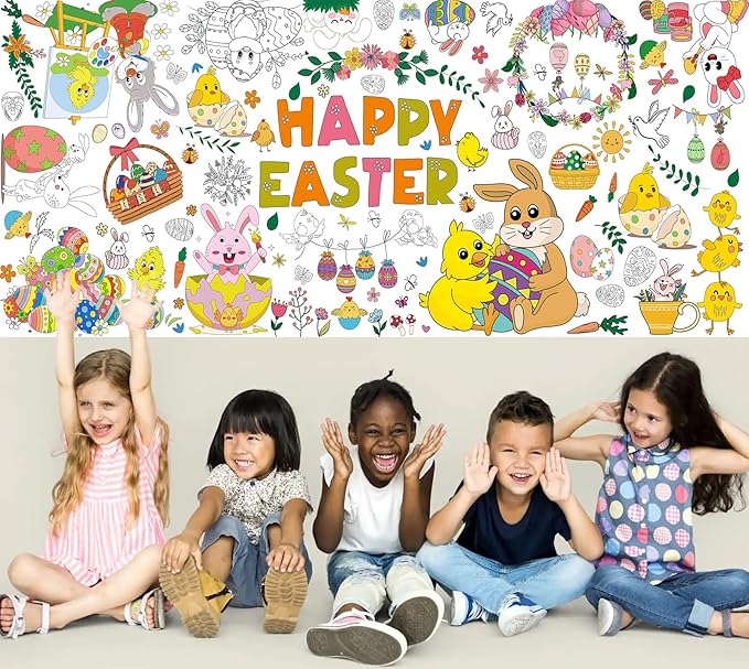 AinDen Easter Coloring Tablecloth for Kids, Giant 72 x 30 Inch Coloring Poster, Easter Party Decorations Table Cloth for Crafts Activities, Classroom & Home & Office (Multicolor-Easter)