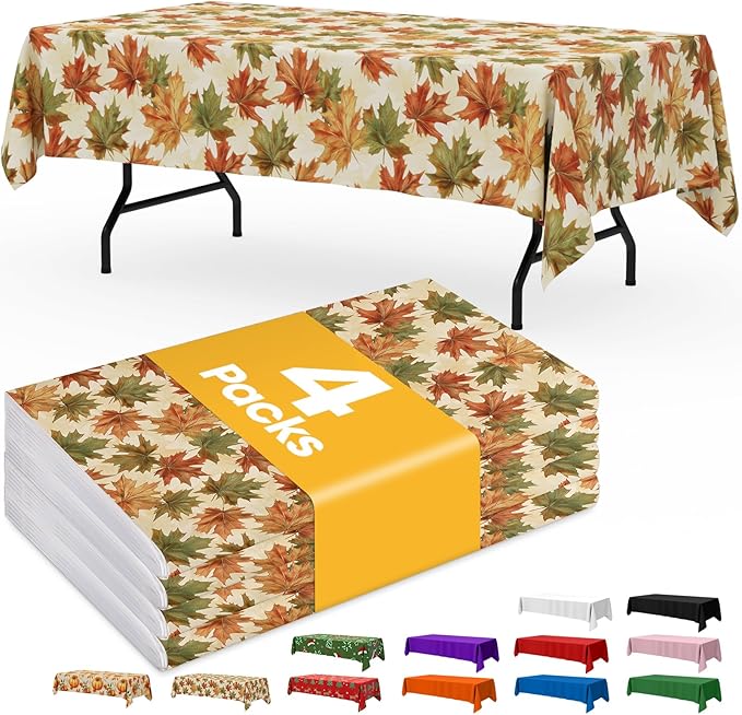 Fall Maple Plastic Table Cloth - 4 Pack 54" × 108" Rectangle Disposable Tablecloths for 6FT Tables, Table Cover for Party, Holiday & Gathering Use