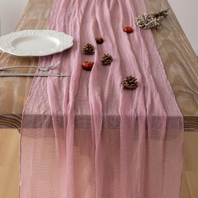Keketoarrange Dusty Rose Easter Cheesecloth Table Runner Gauze 120 Inch 10 FT Rustic Boho Cheese Cloth Runner for Wedding Baby Shower Bridal Shower Garden Party Sheer Spring Home Decorations