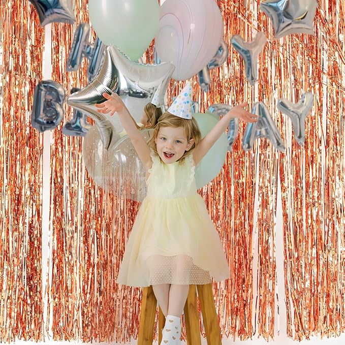 Rose Gold Birthday Party Decorations Foil Fringe Backdrop Curtain 2 Pack 3.3x8.2 Ft, Rose Gold Streamers Happy Birthday Banner Backdrop Arch Decor for Sweet 16 Women Girl Baby Shower Bridal Shower