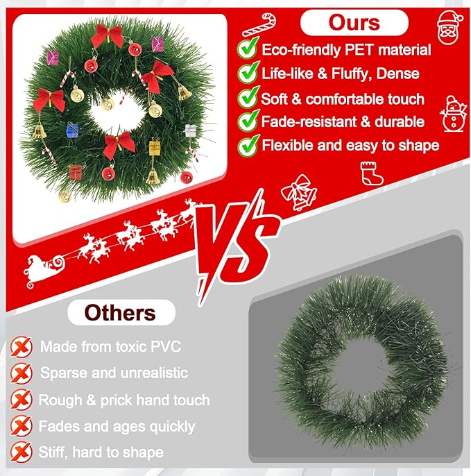 250FT Christmas Greenery Garland for Holiday Indoor Outdoor Decor, Non-Lit Soft Artificial Twist Garland with Red Bows Balls, Home Artificial Greenery for Christmas Wedding Party Decorations