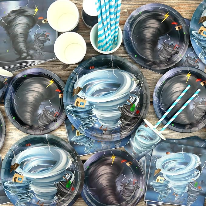 KEFAN Tornado Birthday Party Decorations, Tornado Theme Party Tableware Supplies including Plates, Cups, Napkins, Tablecloth (40)