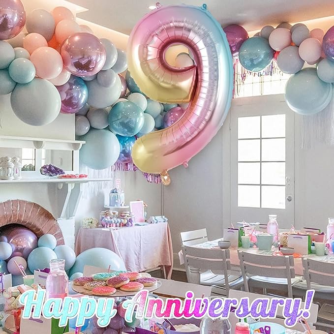 Rainbow Gradient Number 9 Balloon, 40 Inch Big Large Foil Number Balloons, Jumbo Mylar Number 9 Balloons for 9 Year Old Birthday Party Decorations Supplies Anniversary Celebration