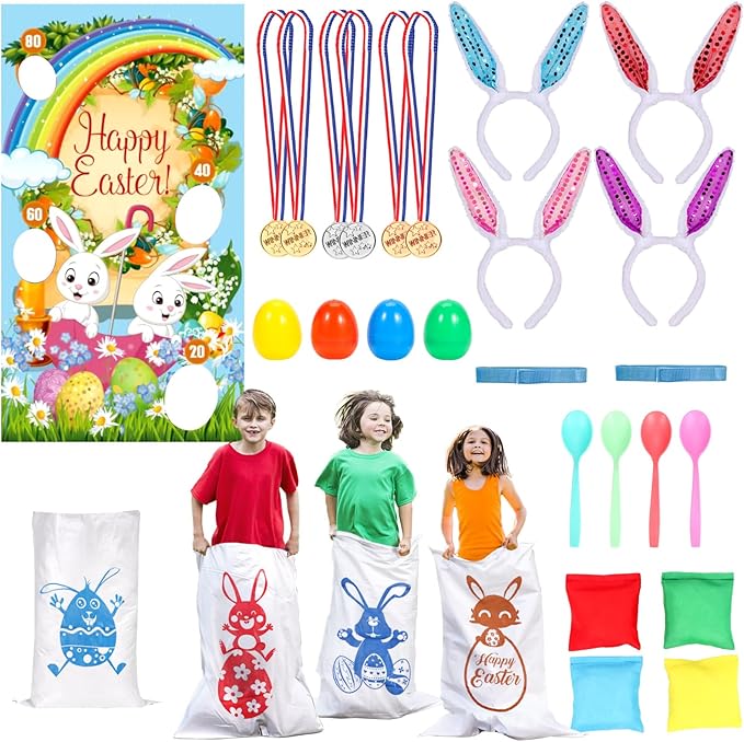 Atonofun Easter Outdoor Party Games for Kids, Potato Sack Race Jumping Bags, Bunny Ears Headbands, Egg and Spoon Race, Legged Relay Race Bands for Easter Theme Party Favor, Easter Eggs Hunt Game