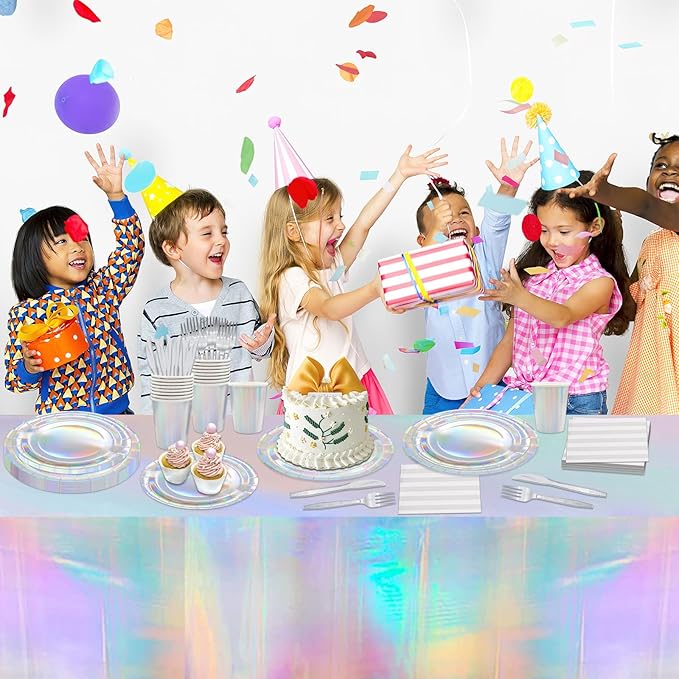 146pcs Iridescent Party Supplies Iridescent Party Tableware Sets Serve 24 Guests Includes Holographic Paper Plates Cups Napkins Forks for Baby Bridal shower Mermaid Birthday Party