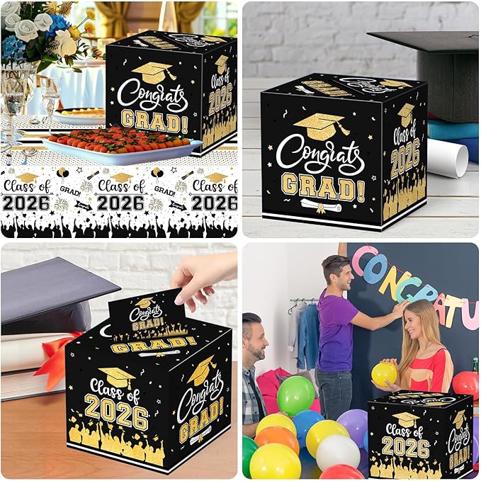 Graduation Card Box 2026 - Congrats Grad Card Boxes Holder, Black and Gold Class of 2026 Gift Cards Box for Graduation Decorations 2026 Favors Party Decor Supplies Props, 9x 9 x 9 inches