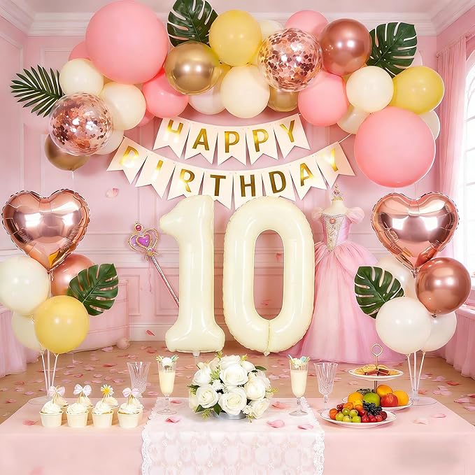 10th Birthday Decorations for Girl, Retro Sand White and Cream Balloon Garland Kit, Cream Number 10 Balloon, Pink Double Digits Banner, 10 Year Old Party Supplies