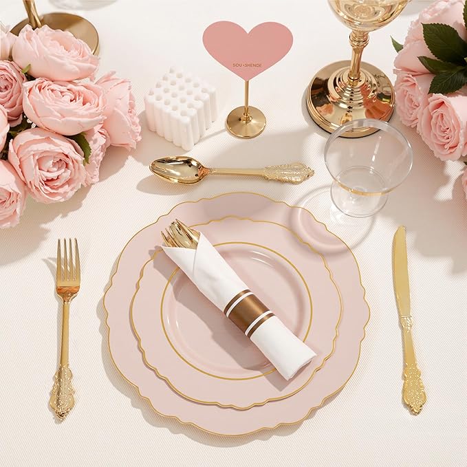 Liacere 350PCS Pink Plates Disposable-PinK Plates 50guest Baroque Plastic Dinnerware include 100Plates, 50Pack Pre Rolled Napkins with Silverware 50Cups Perfect for Wedding ＆ Easter Day