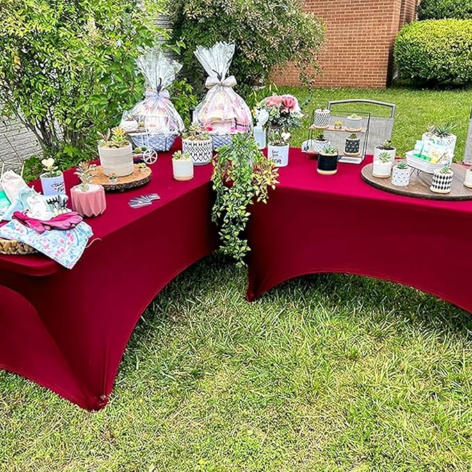 Trlyc 1 Pack 8FT Spandex Table Cloth - 96 x 30 Inch Rectangular Stretch Tablecloth, Wrinkle Resistant Scretch Table Cover for Wedding, Party, Banquet, Picnic, Outdoor Decoration (1Pcs,Burgundy)