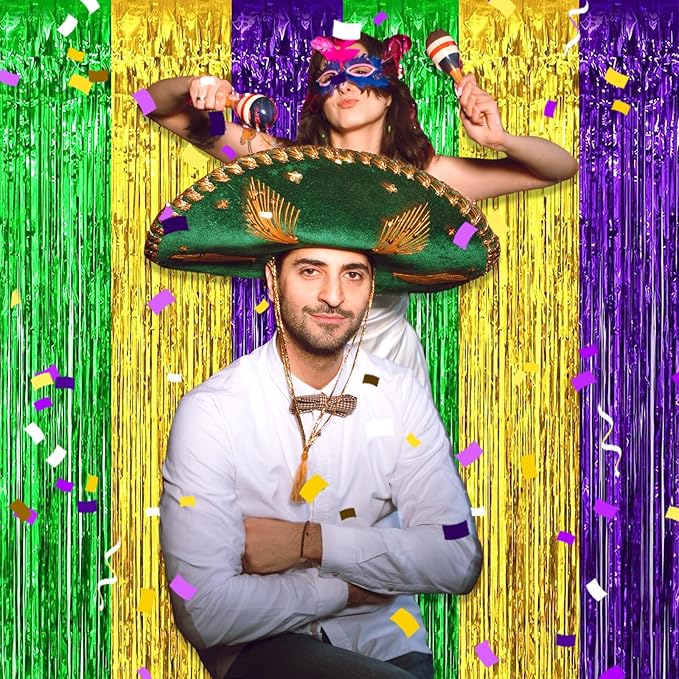 3 Pack Gold Green Purple Foil Fringe Curtain Backdrop, 3.28Ft x 6.6Ft Metallic Tinsel Foil Fringe Streamer Curtains for Photo Booth, Christmas Day, Thanksgiving, Wedding, New Year Party Decorations