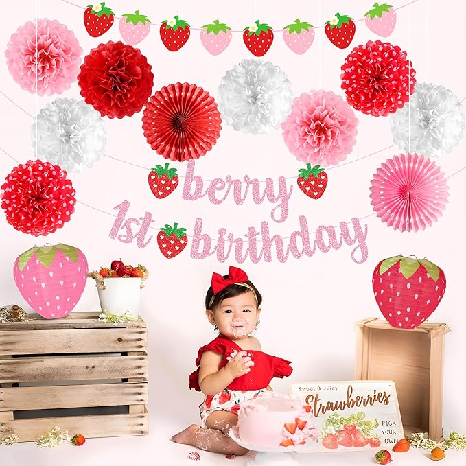 Kriyokiaa Berry First Birthday Decor 14 Pcs Strawberry 1st Birthday Decorations for Girls with Banners, Paper Lantern, Paper Pom Poms Perfect for Baby Girl Party Decoration