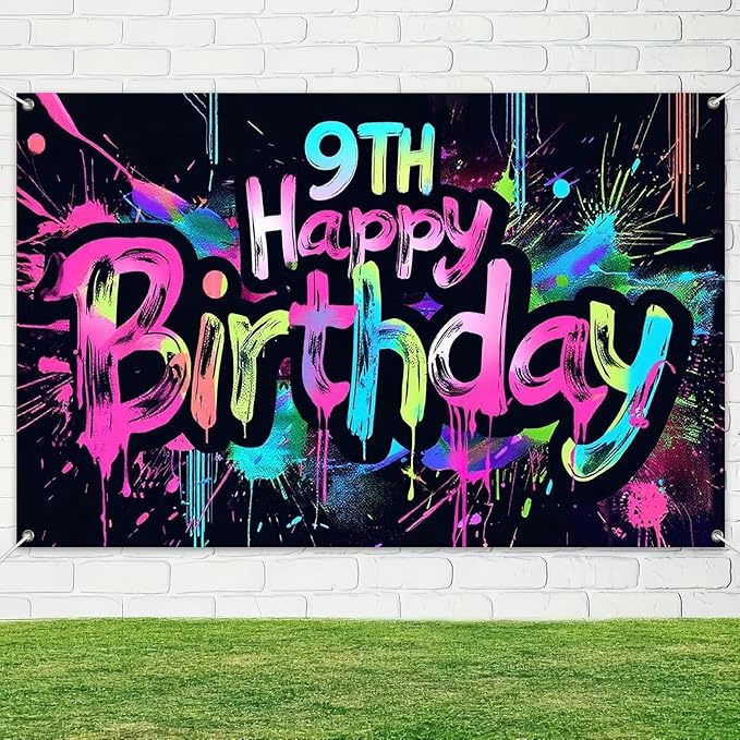 Neon 9th Happy Birthday Banner 71x43 Inch Paint Splatter Glow in The Dark Party Backdrop Colorful Wall Decor for Kids Boys Girls Ninth Birthday Celebrations Photo Booth Props Event