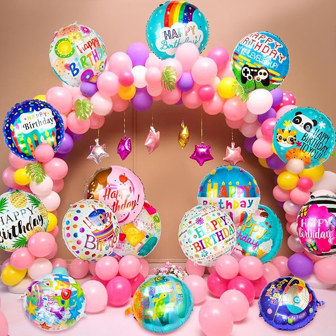 120Pcs Mylar Birthday Balloons, Happy 18IN Round Birthday Foil Helium Balloons Bulk for Party Decoration Supplies