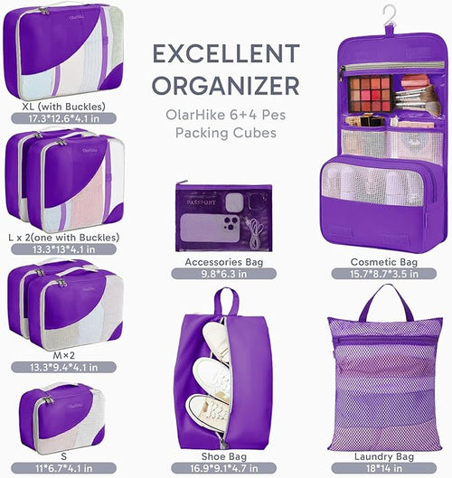 10 Set Packing Cubes for Travel, Gifts for Women Mom,Anti-Tearing Suitcase Organizer for Luggage with Shoe & Hanging Toiletry Bag,OlarHike Vacation Essentials & Accessories for Cruise Ship