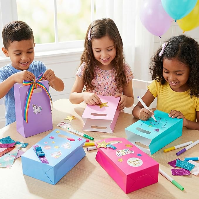UnicoPak 15 Pack Pastel Party Favor Bags - 6x3x9" Matte Goodie Bags in 5 Assorted Colors for Birthday, Wedding, Baby Shower - Sturdy Teal Pink Purple Blue Gift Bags with Handles, Customizable for Treats & Cookies