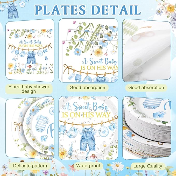 400 Pcs Blue Wildflower Boy Baby Shower Party Decoration for 50, a Sweet Baby Is on His Way Floral Paper Plates Napkins and Cups Cutlery Tableware Set for Boy Shower Party Supplies