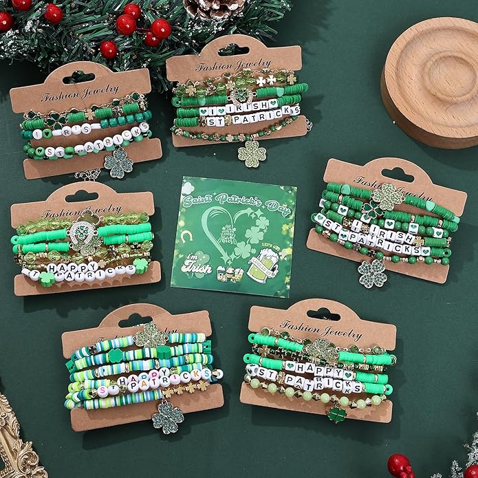 Cooluckday 36 Pcs Holiday Heishi Surfer Bracelets for Women Bulk Easter Mother's Day Christmas St. Patrick's Day Mardi Gras Bracelet Stackable Stretch Friendship Bracelets Set