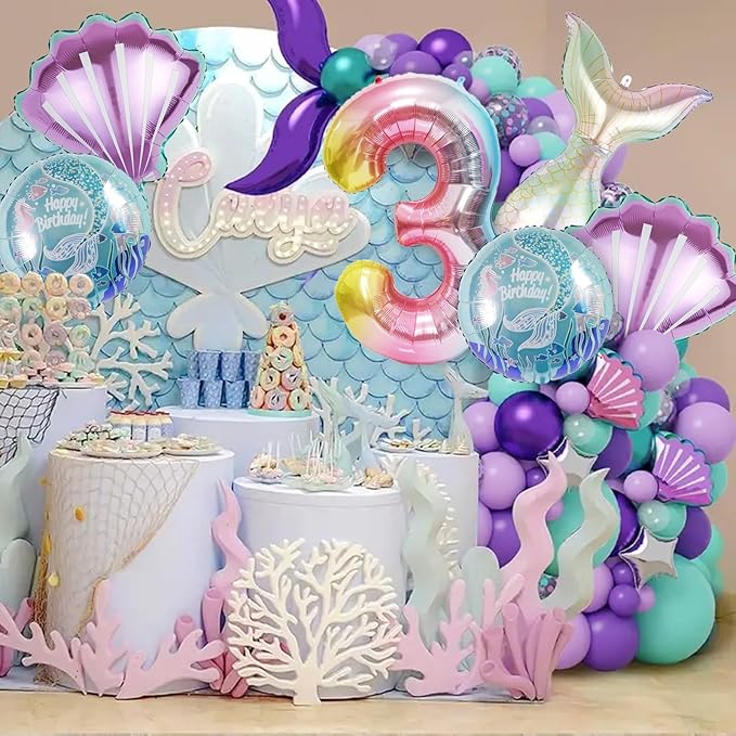 Mermaid Birthday Decorations Mermaid Balloons - Number 3 Balloons for Girls Under The Sea Mermaid Theme Baby Shower Birthday Favors