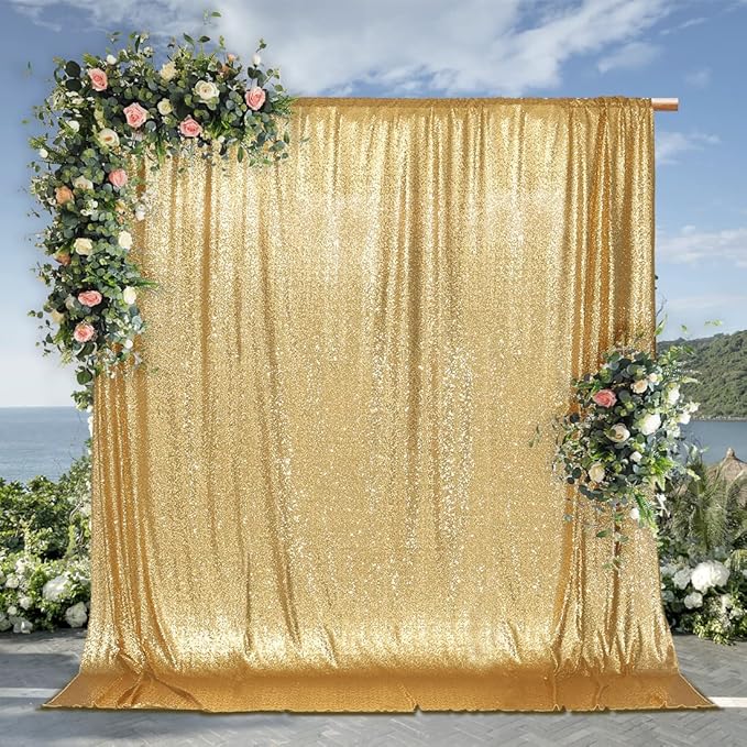 PartyDelight Gold Sequin Backdrop 6x8ft High-Density 3mm Sparkly Photo Background Back Drop Glitter Drape for Wedding, Birthday, and Holiday Party Decorations
