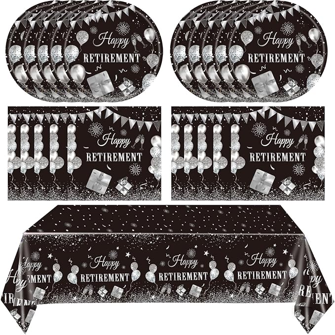 41PCS Happy Retirement Party Decorations for Men and Women,Black Silver Happy Retirement Paper Plates Napkins and Tablecloth Disposable Dinnerware for Farewell Going Away Table Decor Party Supplies