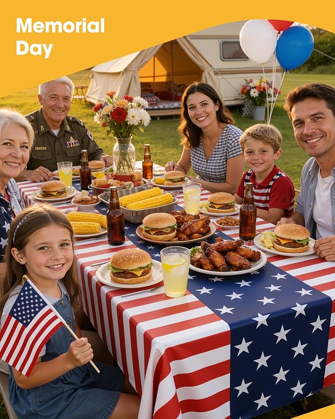 American Flag Plastic Table Cloth - 4 Pack 54" × 108" Rectangle Disposable Tablecloths for 6FT Tables, Table Cover for Party, Holiday & Gathering Use
