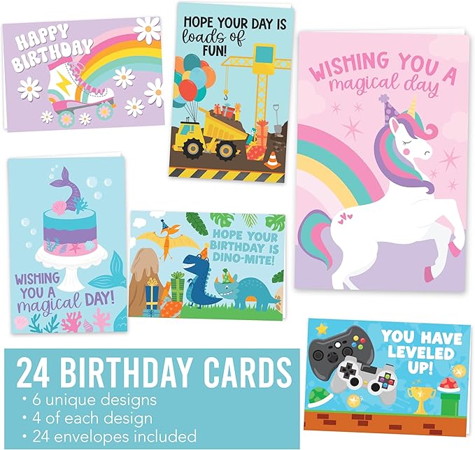Hadley Design Happy Birthday Cards for Kids with Envelopes - 24 Assorted Kids Birthday Cards Bulk for Classroom, Generic Children Greeting Card Pack for Students, Blank Bday Notecards, Designed in USA