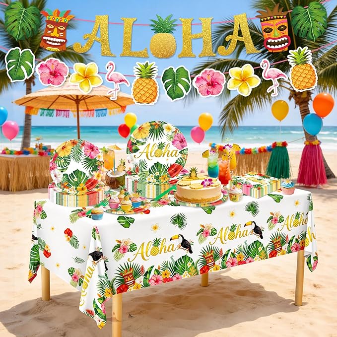 Luau Party Decorations, 99Pcs Hawaiian Aloha Party Plates-Serve 24 With Aloha Banner Tablecloth Napkins Disposable Dinnerware Set for Hawaiian Tropical Summer BBQ Party Decorations