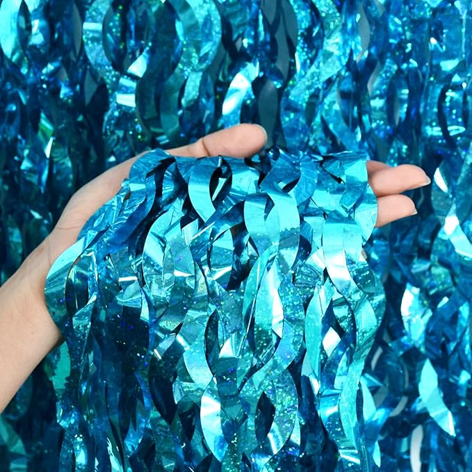 TONIFUL 2Pcs Wavy Metallic Tinsel Foil Fringe Curtains Teal Blue Streamer Backdrop for Photo Booth Props,Party Door Wall Curtains,Bachelorette,Underwater World Birthday Party Decor (6.6ft x 6.6ft)