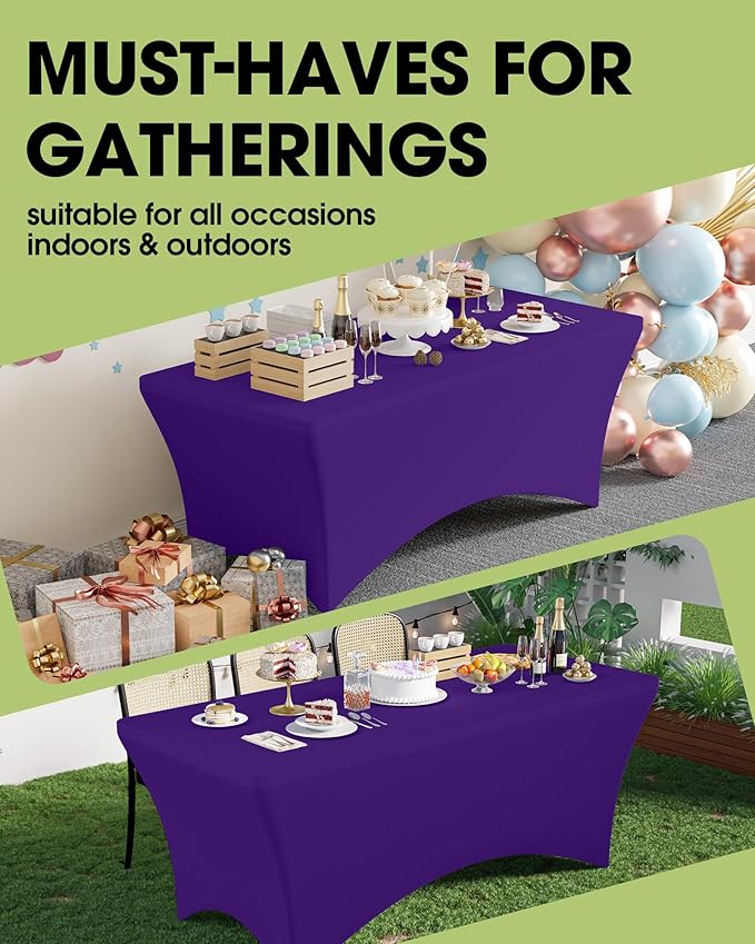 Pureegg Spandex Tablecloth 6ft - 6 Pack, Fitted and Stretch Table Cover for Rectangle Tables, Wrinkle-Resistant and Secure Fabric for Outdoor, Picnic, Party, Wedding, Banquet and Birthday, Purple