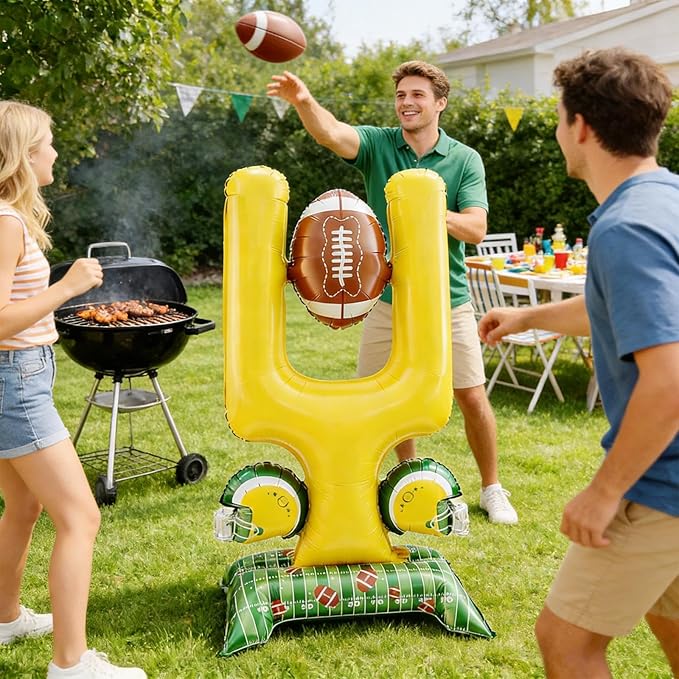 2-Piece Football Party Decoration Set - 5 ft Large Self Standing Football Foil Balloons, Suitable for Game Day Celebrations and Sports Themed Party Decorations (Football Goal Post)
