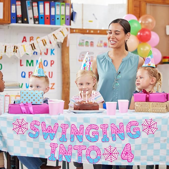 TaoBary Spider Theme 4th Birthday Banner, Pre-strung Swinging into 4 Banner, Spider 4th Birthday Decorations Party Supplies for Kids, Fourth Decor for 4 Year Old Boys Girls (Pink and Blue)