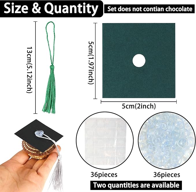 Gyufise 36Pcs Graduation Decorations 2026 Graduation Cap Cupcake Toppers Chocolate Decorations Mini Grad Cap Decor with Tassel Adhesive Dots for Class of 2026 Congrats Grad Green