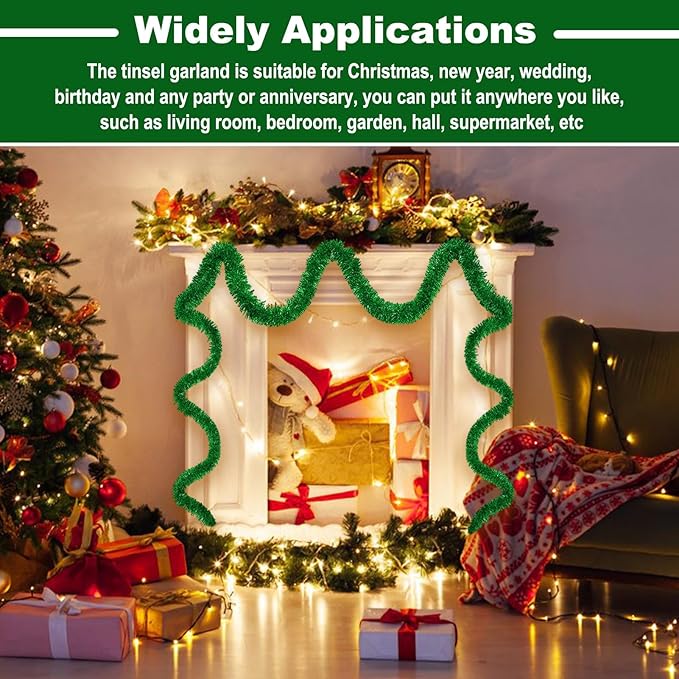50 Feet Christmas Tinsel Garland, Metallic Twist Garland Wall Hanging Tinsel Garland Backdrop for Parade Floats, Carnival, Birthday, Wedding, New Year Party Decorations (Green, 2in x 50ft)