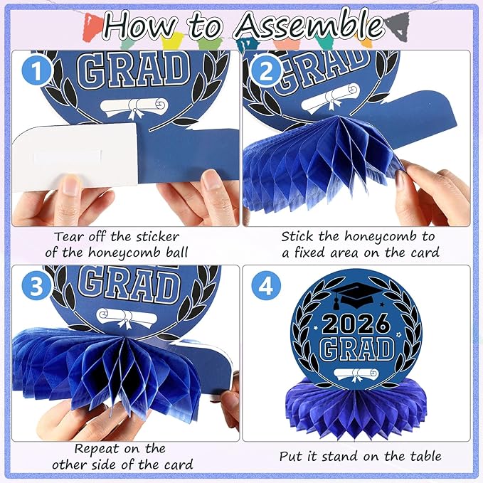 Yisong 9 Pieces 2026 Graduation Party Table Decorations Class of 2026 Congrats Graduation Centerpieces for Tables Congratulate Honeycomb Centerpiece Topper for Grad Party Supplies(Blue)