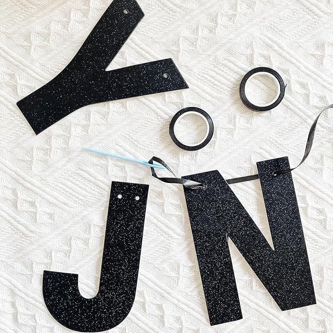 116 Pcs DIY Glitter Custom Banner Kit - Custom Banner Including 111 Letters and Numbers, 3 Rope and 2 Threading Devices for Personalized Decor for Halloween Party, Birthday (Black)