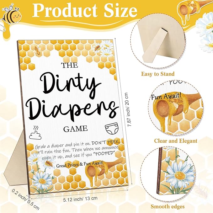 Roowest 51 Pcs Dirty Diaper Baby Shower Games Funny Wooden Sign with 50 Pcs Mini Diapers Cute Felt for Gender Reveal Party Baby Shower(Bee)