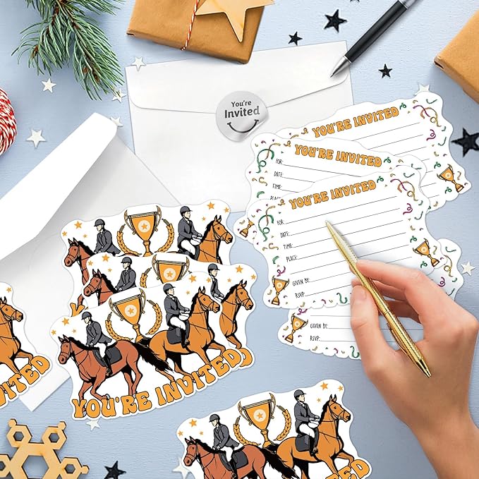 Kentucky Horse Derby Themed Double-Sided Shaped Fill-In Invitations card 15 Sheets with Envelopes, Horse Race Belmont Party Invites, for Teen Boys Girls Adults Birthday Sports Tennis Party